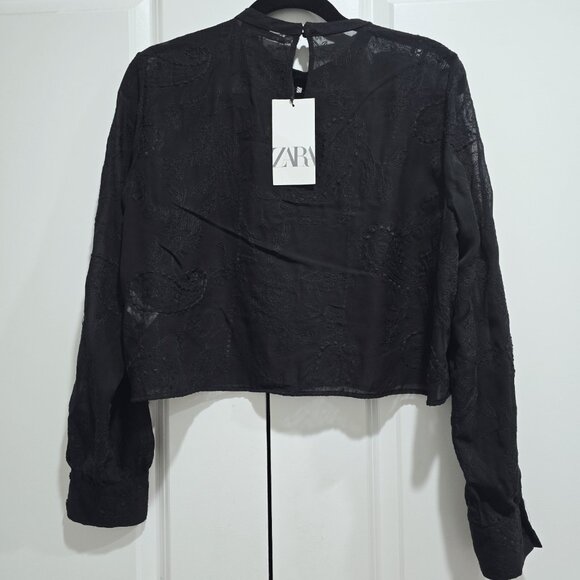 Nwt Zara - XL  Laurie Sheer Long sleeves  Embroidery Sheer Blouse - Black - Picture 4 of 7
